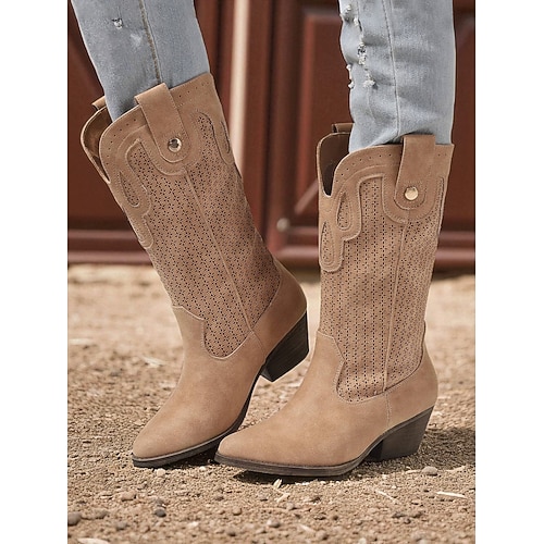 Cowboystiefel im Westernstil für Damen – braune Stiefel aus Kunstleder mit halbhoher Wade für Herbstfeste, Kürbisbeete und Country-Outfits Image