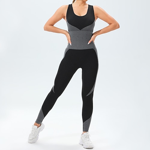 Damen Scrunch Yoga-Strampler Trainingsoveralls Rückenfrei Farbblock Einteiler Sommer Wasserblau Armeegrün Fitnesstraining Hohe Taille Bauchkontrolle Elastisch Atmungsaktiv Ärmellos Sport Sportkleidung Image