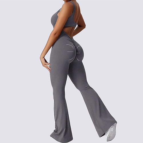 Damen Scrunch Yoga-Strampler Trainingsoveralls Rückenfrei Einfarbig Bodysuit Sommer Schwarz Kaffee Fitnesstraining Volleyball Laufen Hohe Taille Bauchkontrolle Elastisch Atmungsaktiv Sport Image