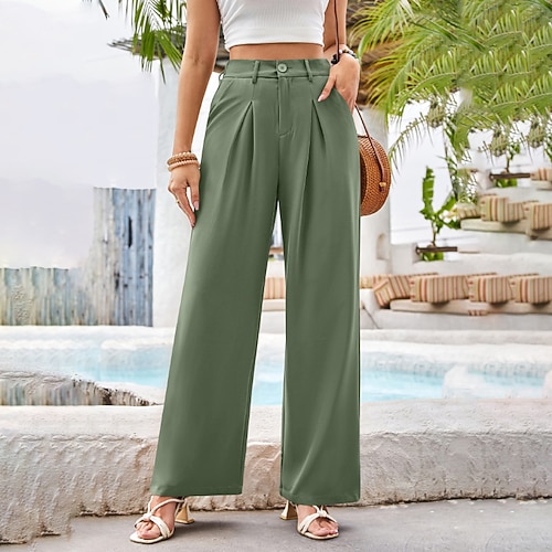Damen Weites Bein Stoffhosen Streetwear Lässig Volle Länge Natürliche Taille Einfach Elastischer Bund Bequem Straße Ferien Alltagskleidung Apfel Grün Weinrot Dunkelgrau Meerblau Herbst Normale Image