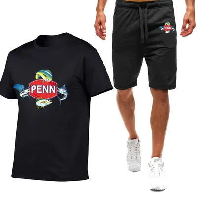 2024 Summer Men's Penn Fishing Reel Logo Printing Fashion Round Neck Cotton T-Shirt+Elastic Waist Sports Shorts Solid Color Sets