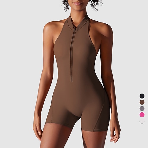 Damen Scrunch Yoga-Strampler Trainingsoveralls Reißverschluss Rückenfrei Einfarbig Bodysuit Sommer Dunkelgrau Schwarz Fitnesstraining Volleyball Laufen Hohe Taille Bauchkontrolle Elastisch Image