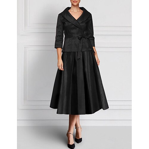 Due Pezzi Linea ad A Set di Abiti Lunghezza al pavimento Lunghezza alla caviglia Abito da invitata a nozze Abito da cerimonia per signora Manica Lunga Bavero Elegante Formale Ospite di nozze Raso