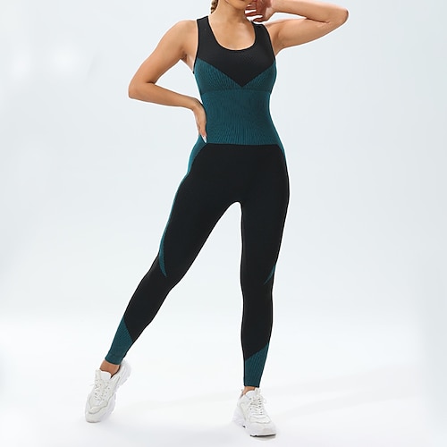 Damen Scrunch Yoga-Strampler Trainingsoveralls Rückenfrei Farbblock Einteiler Sommer Wasserblau Armeegrün Fitnesstraining Hohe Taille Bauchkontrolle Elastisch Atmungsaktiv Ärmellos Sport Sportkleidung Image