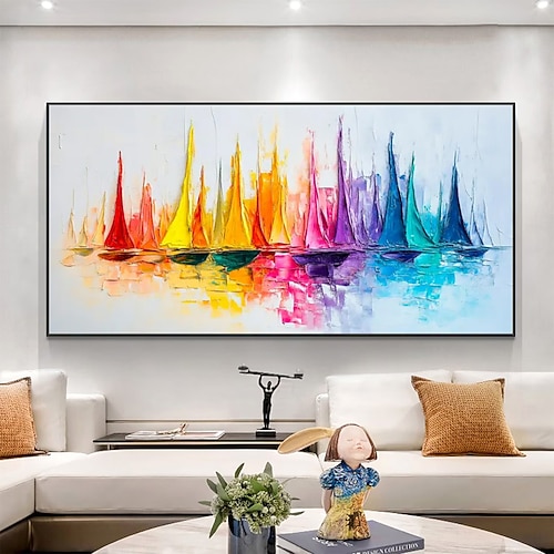 Mintura handgefertigte abstrakte Ölgemälde mit Bootslandschaft auf Leinwand, Wandkunst, Dekoration, modernes Bild für die Inneneinrichtung, gerolltes, rahmenloses, ungedehntes Gemälde Image