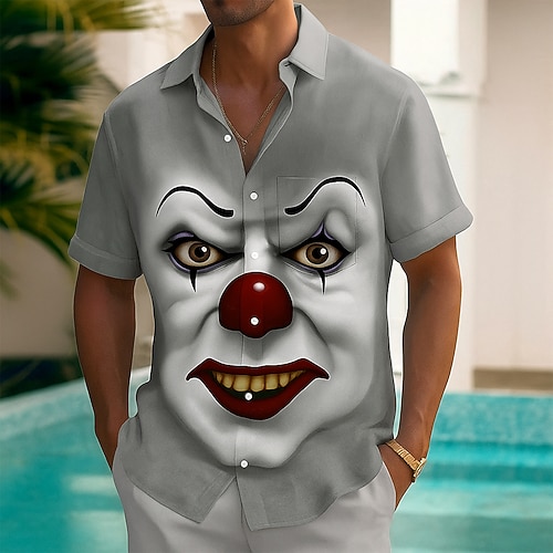 Herren Gruseliger Clown Lustig Clown Hemd Sommerhemd Knopfhemd Kurzarm Modisch lässig Outdoor Urlaub Alltagskleidung Sommer Frühling Umlegekragen 3D-Druck Hemden mit Kragen Eine Tasche vorne Weiß 1 Image