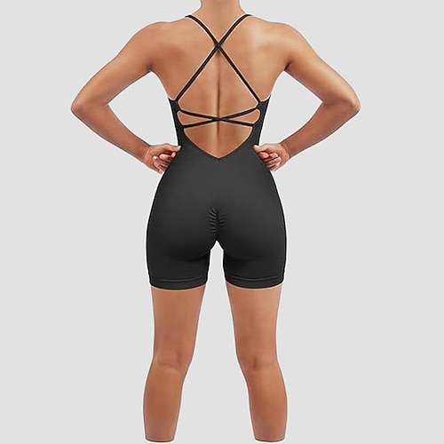 Damen Scrunch Yoga-Strampler Trainingsoveralls Rückenfrei Einfarbig Bodysuit Sommer Dunkelgrau Schwarz Fitnesstraining Volleyball Laufen Hohe Taille Bauchkontrolle Elastisch Atmungsaktiv Sport Image