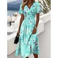 Frauen Elegante Midi Kleid A-Linien Kleid Wickelkleid V-Ausschnitt Kurzärmelig Ausgehen Reguläre Passform Floral Grafik Pink Blau Lila Grün