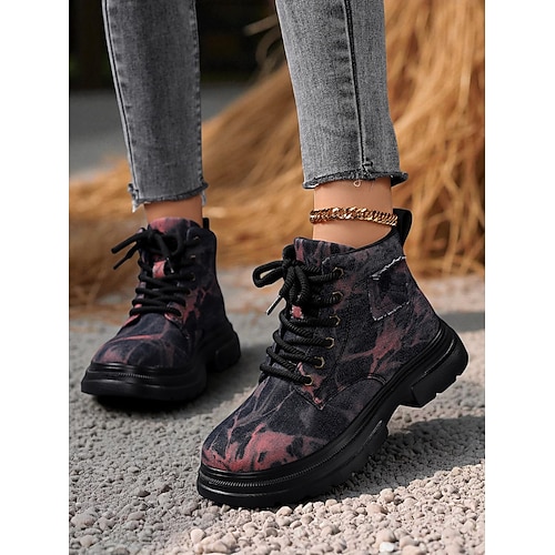 Damen-Batik-Jeansstiefel – klobige Streetwear-Stiefeletten mit Schnürung für Herbstwanderungen, Tage auf dem Bauernhof und urbane Outfits Image