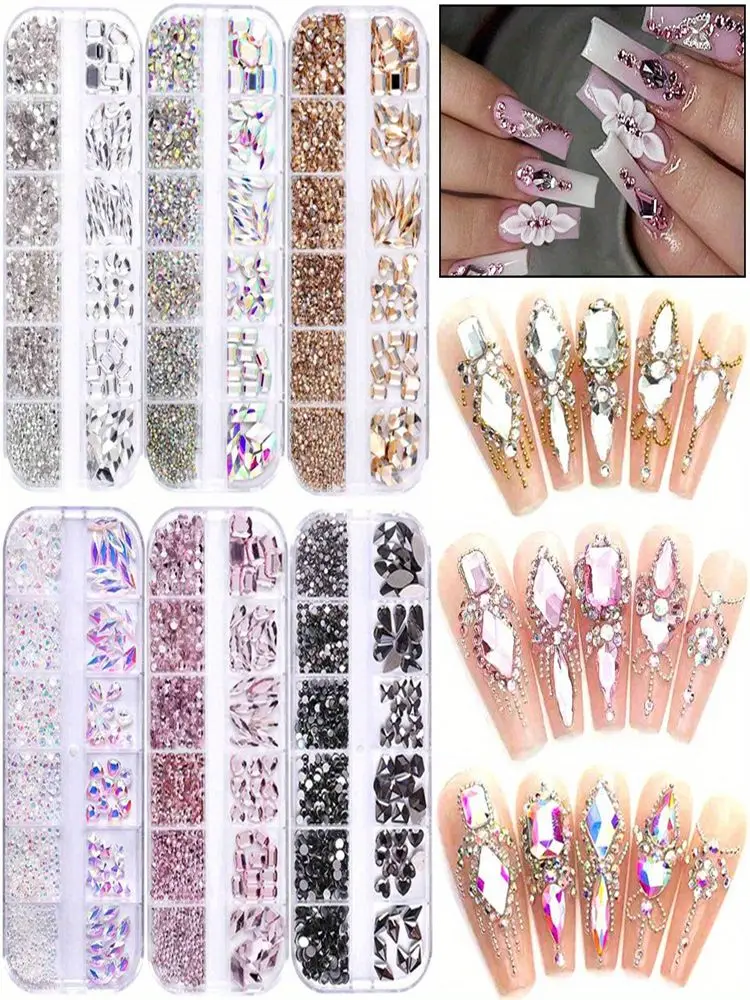 12Grids Rosa Klar AB Gemischte Nagel Strass Luxus Nagel Charms 3D Glitter Kristall Schmuck Edelsteine Nail art Dekoration Maniküre Image