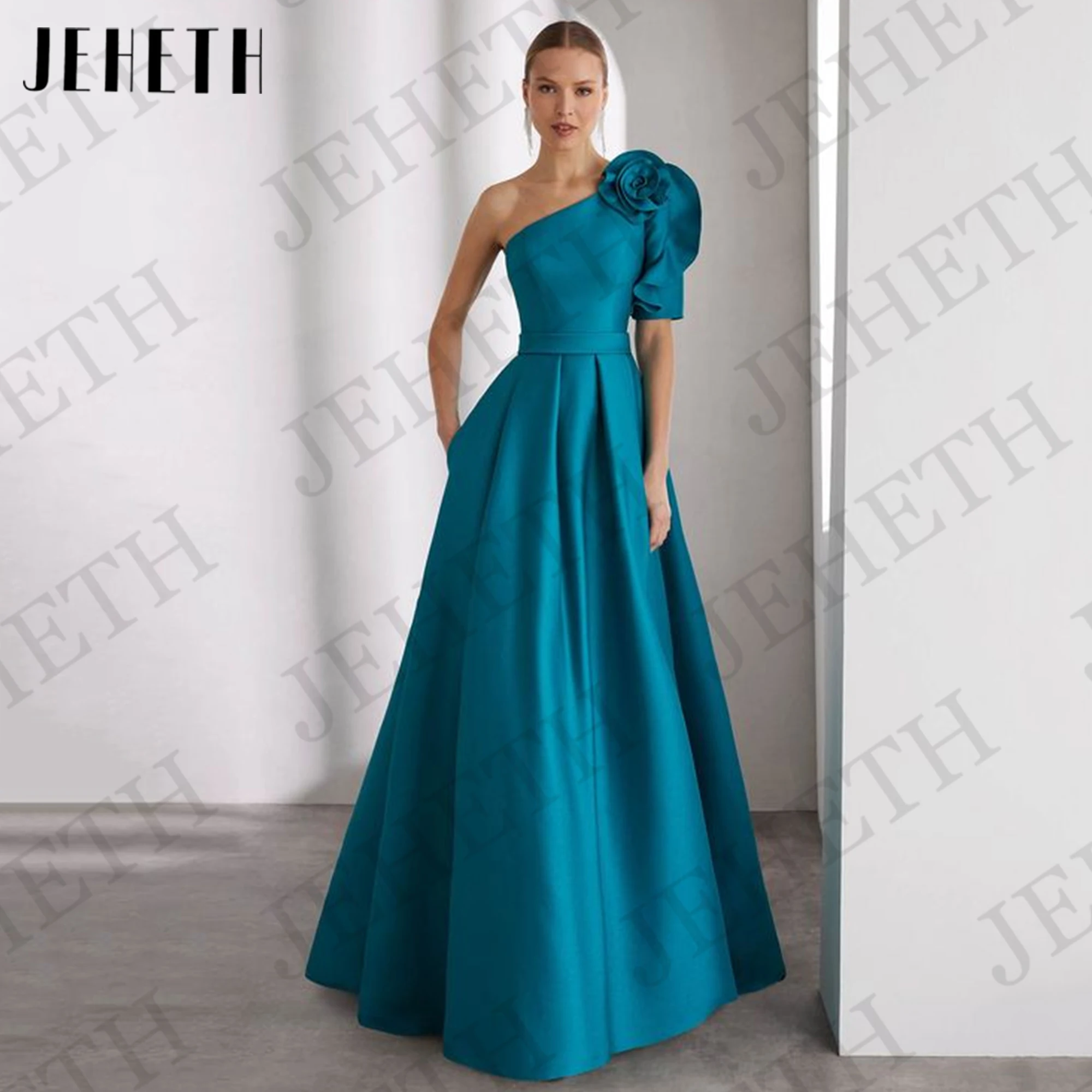 Robe de bal asymétrique JEHETH bleue coupe trapèze moderne en satin personnalisé pour soirée et occasions formelles femme Une épaule robe de bal bleu une ligne moderne personnalisé satin soirée