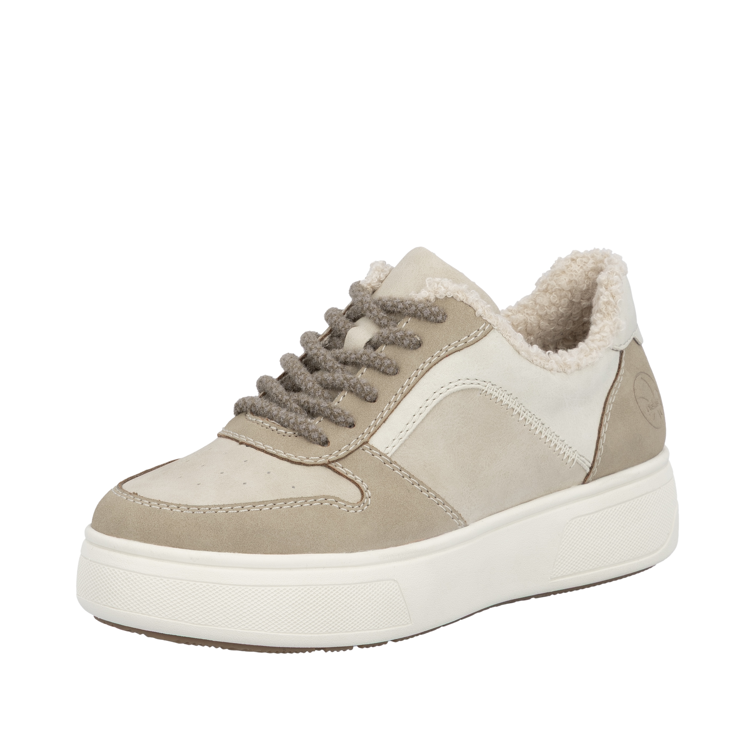 Plateausneaker RIEKER, Damen, Gr. 42, beige (beige, creme), Nubuklederimitat, Schuhe Plateausneaker, Retro-Sneaker, Schnürschuh, Halbschuh mit Teddyfutter