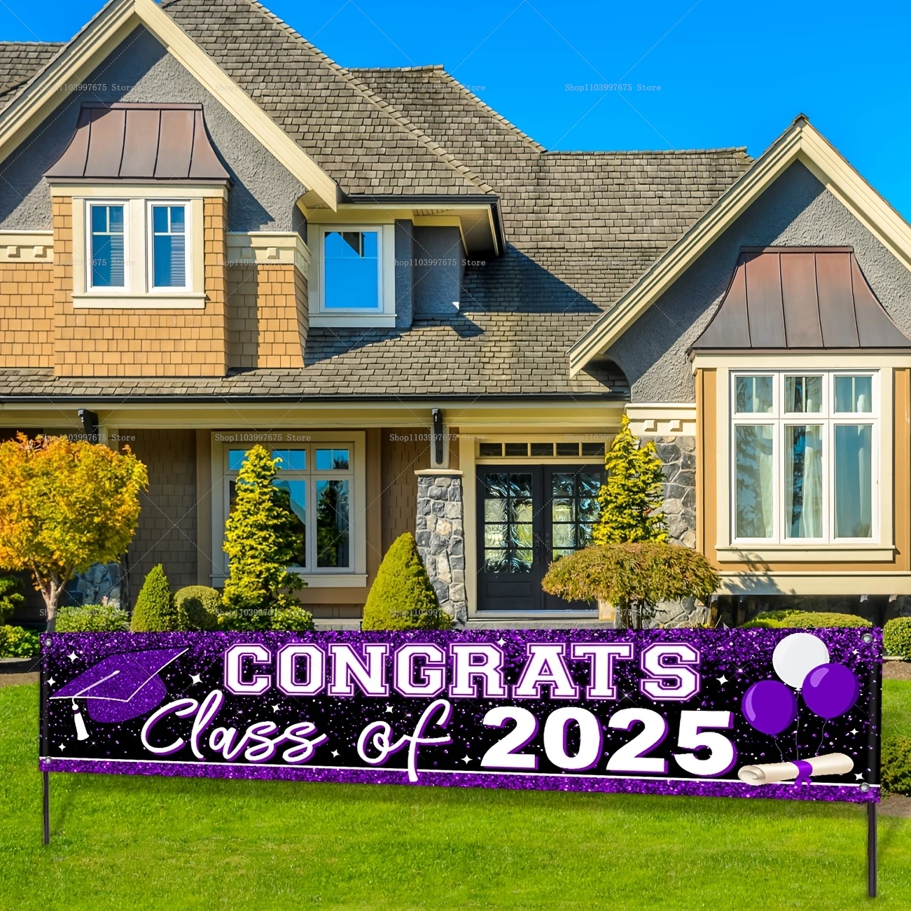 2025, Abschlussdekorationen, lila Vinyl-Banner, Klasse 2025, Glückwunsch, Absolventenhof-Schild für Feiern, Abschlussfeier-Zubehör Image