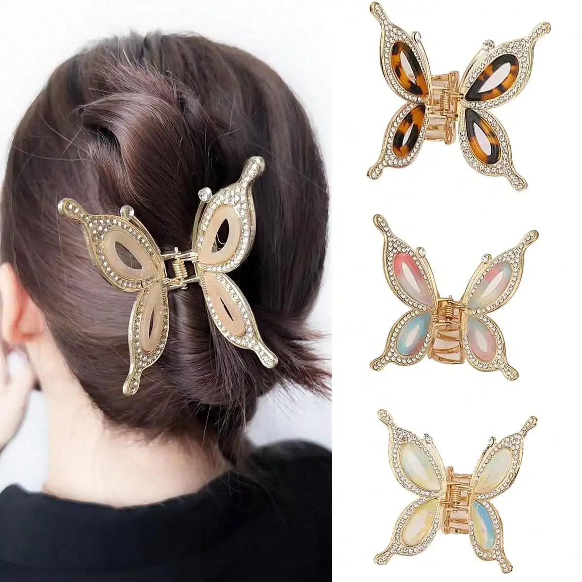 1pc Frauen elegante Wasser Diamant Schmetterling Griff Clip Frauen Premium-Legierung Haars pange Hai Clip Kopf bedeckung Image