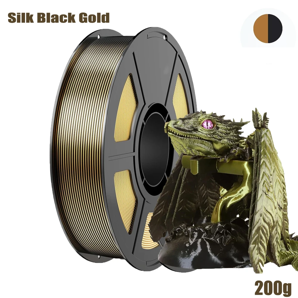 Seiden-Zweifarb-PLA-Filament 3D-Drucker 1,75 mm +/- 0,03 mm, zweifarbiges Filament, zweifarbig, PLA 200 g/250 g/500 g/1000 g Spule, Schwarzgold Image