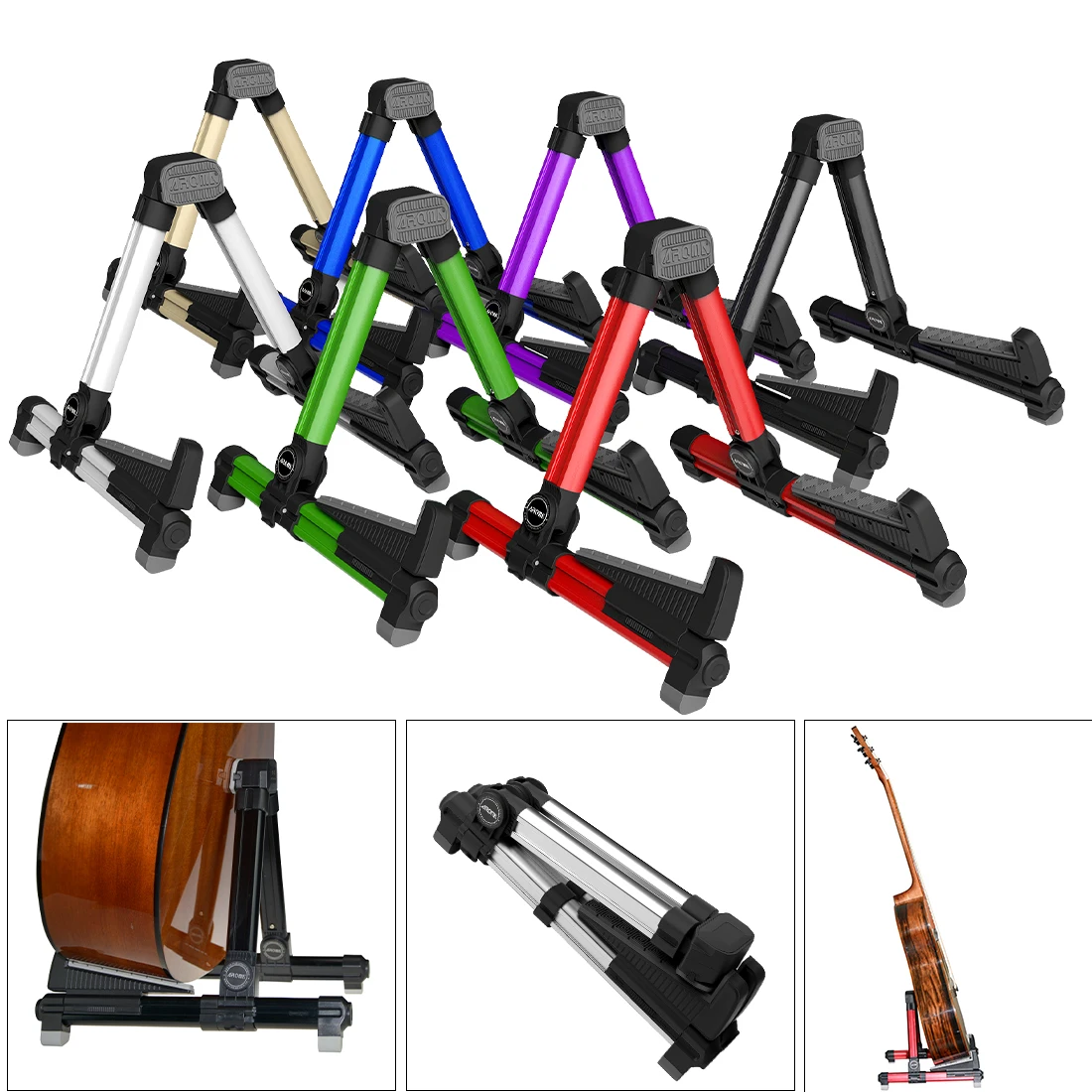 AROMA Multi-Instrument Gitarrenständer 360° ° Silikonsichere Klemme und verstellbarer A-Rahmenständer, faltbare Gitarre/Violine/Pipa/Ukulele Image