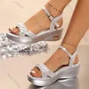 Mode Weben Plattform Sandalen für Frauen Gold Silber Keil Sandalen Frau Sommer 2025, Komfort Dicke Sohle Strand Schuhe Plus Größe