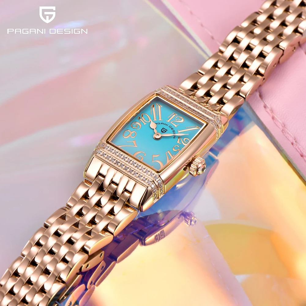 PAGANI DESIGN Luxusmarke Europäische amerikanische quadratische Quarzuhr wasserdichte Edelstahl-Damenuhr mit Diamanteinlage Image