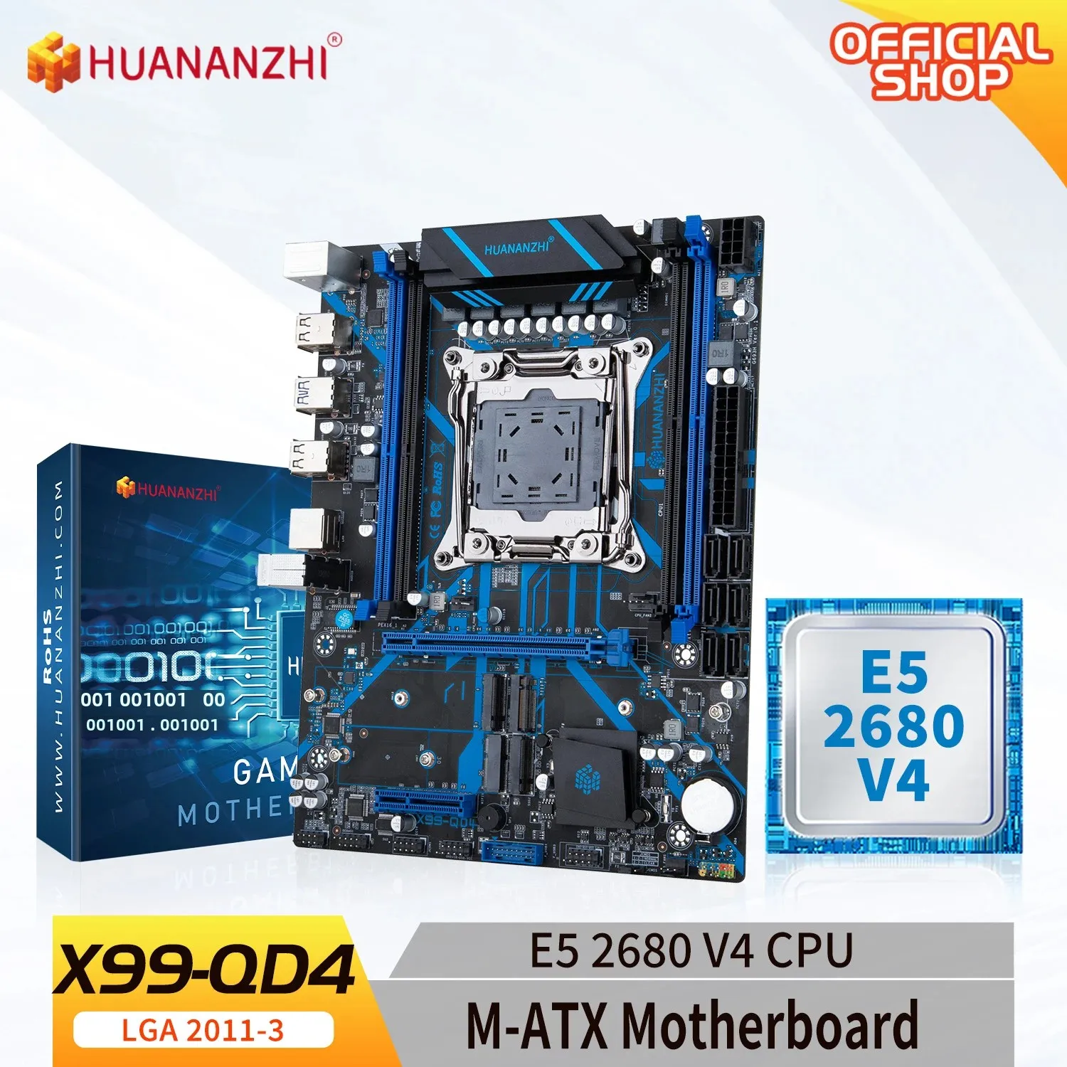 HUANANZHI X99 QD4 LGA 2011-3 Xeon Motherboard mit Intel E5-2680 V4 Prozessor DDR4 Speicher M.2 NVME SATA Unterstützung Nicht-ECC Combo Image