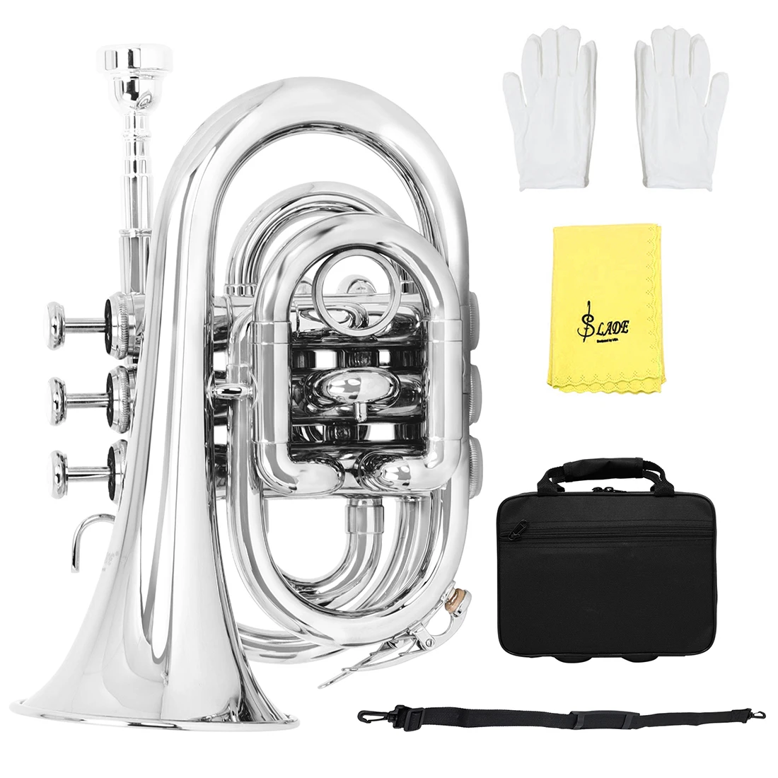 SLADE Mini-Taschentrompete, B-B, flacher Messingkörper, professionelles Blasinstrument mit Mundstück, Handschuhen, Reinigungstuch, Tragetasche Image