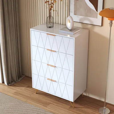 Rosahqnda Bedroom Dressing Table, 4 Drawer Storage Cabinet, Chest Of Drawers, Modern Style Makeup Cabinet, White with Metal Hand
