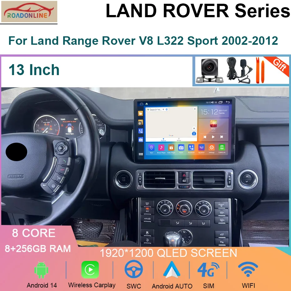 Autoradio Android 14 da 13 POLLICI per Land Rover Range V8 L322 2002 ~ 2012 Lettore video multimediale per auto Navigatore GPS di navigazione stereo