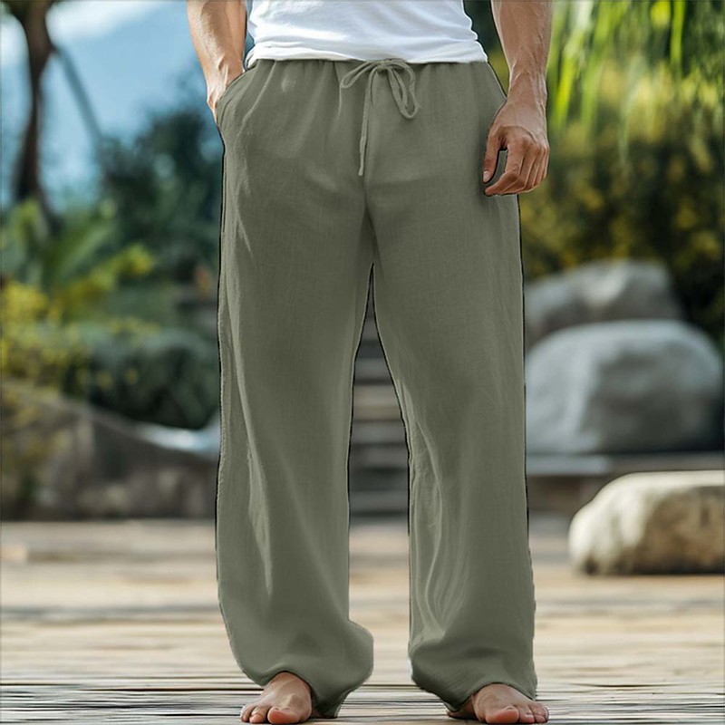 Men's Linen Pants Trousers Summer Pants Baggy Pants Drawstring Elastic Waist Straight Leg Plain Comfort Breathable Full Length Outdoor Home Yoga Fashion Streetwear Black White Inelastic