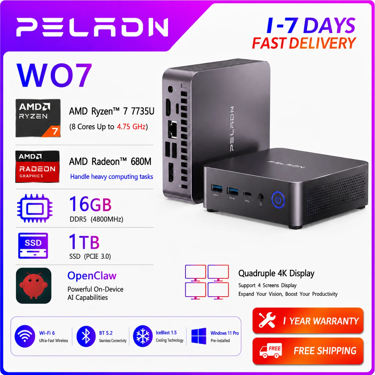 Mini PC PELADN WO7 AMD Ryzen 7 7735U (8C/16T, jusqu