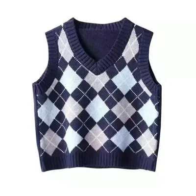Women's Petite Cropped Knit Vest Japanese Style Retro Argyle V-Neck Sweater Vest Spring Outerwear Layering Waistcoat