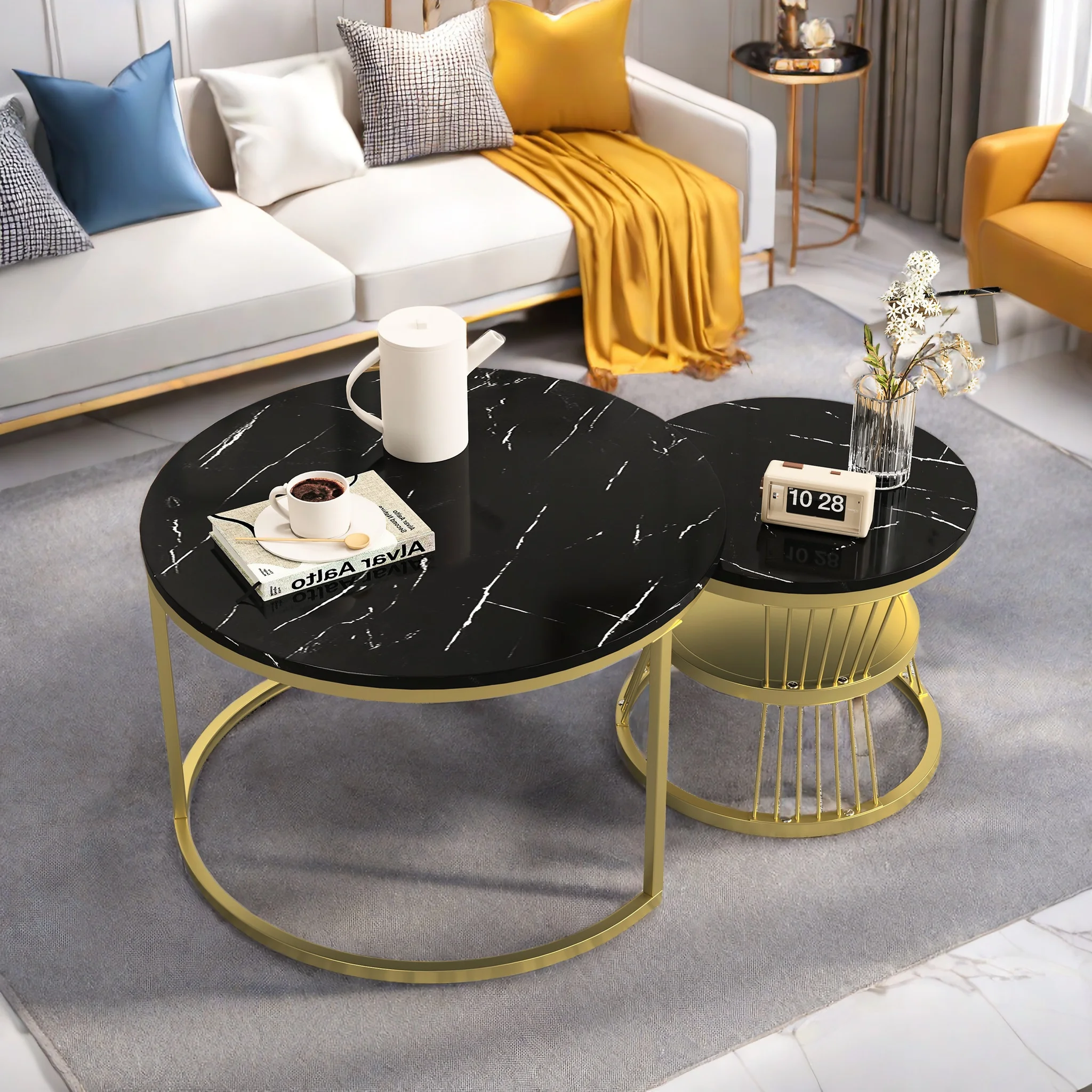 Rosahqnda 2er-Set Satztische, Moderne runde Couchtische mit Ablagen und Stauraum, Sofa-Beistelltische, Möbel fürs Wohnzimmer