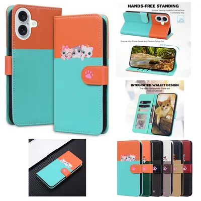 Magnetic Leather Wallet Flip Case for iPhone 16e 16 15 14 13 12 11 X XS XR 8 P7 lus Pro Max Cover | Cartoon Pet Design Card Slot