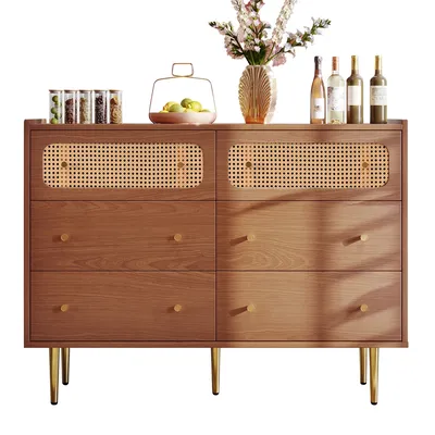 Rattan Sideboard Highboard Walnut Tree H90/B120/T40 cm Chest of Drawers with 6 Drawers Wooden Furniture for Bedroom Living Room