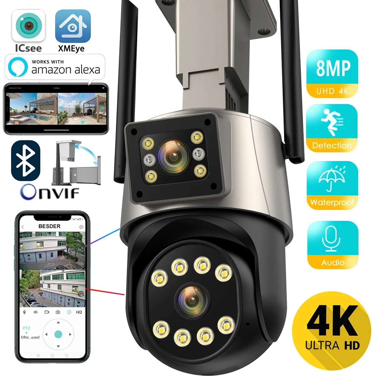 4K 8MP Wifi IP Kamera Dual Lens Wasserdichte Sicherheit CCTV Überwachung ICSEE App VMS Schutz Image
