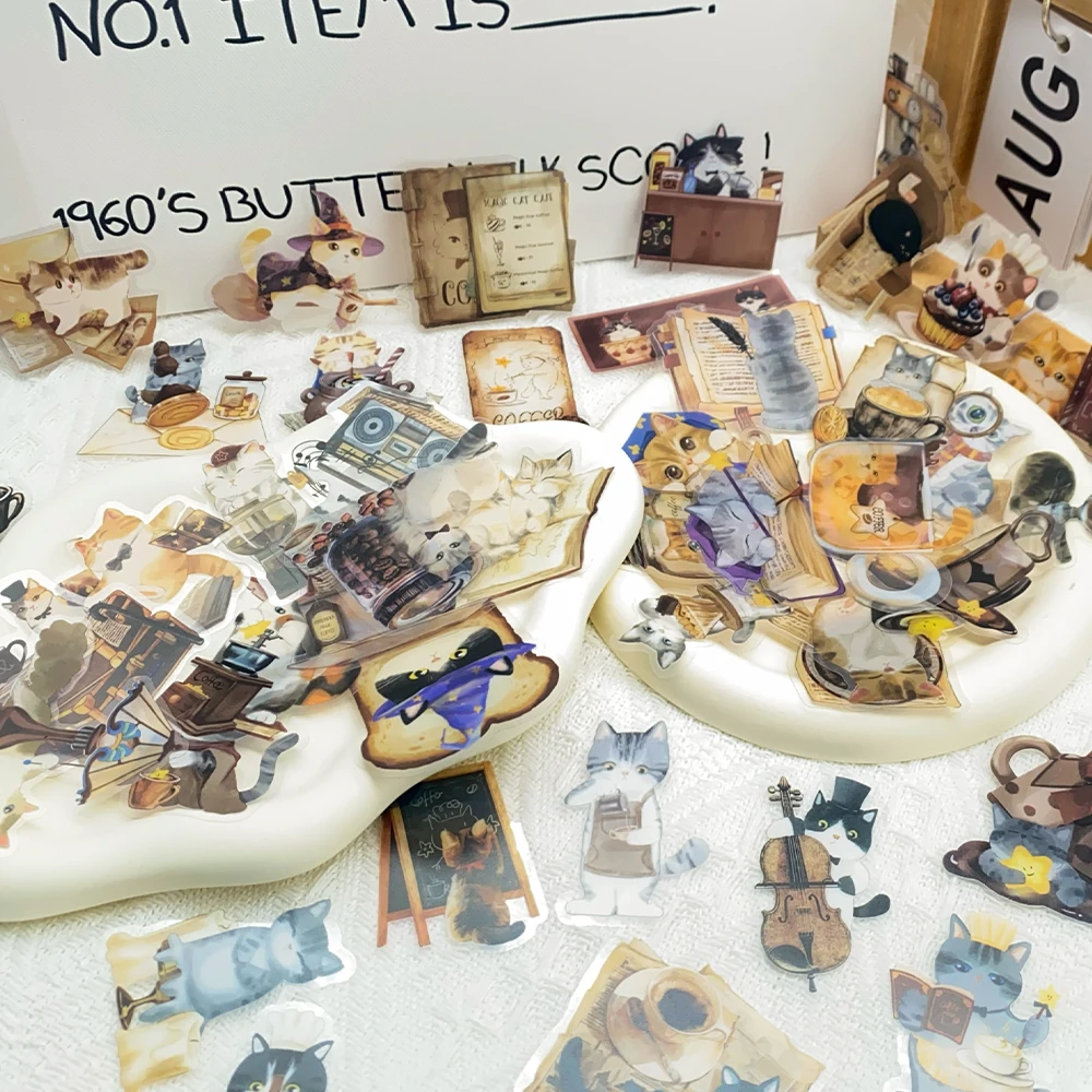 50 stücke Cartoon Magische Katze Café Transparent PET Aufkleber Aufkleber Für Telefon Gepäck Sammelalbum Gitarre DIY Graffiti Ästhetische Aufkleber Image
