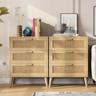 Set of 2 Rattan Nightstand with Charging Station, Night Stand with 3 Large Rattan Drawers, Accent End Table, Bedside Table with