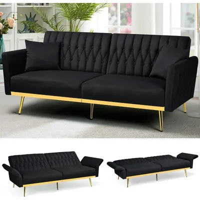 70 Inch Velvet Futon Sofa Bed with Adjustable Armrests and Back, Convertible Futon Sofa with 2 Pillows, Modern Sleeper Bed