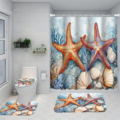 Ocean Beach Series Starfish Jellyfish Shower Curtains Sets Decorative Art Pattern Home Bathroom Curtains Toilet Seat Decoration Shower Curtain CarpetShower Curtain with Carpet and Toilet Lid 12 70.8x70.8 inch