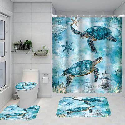 Ocean Beach Series Starfish Jellyfish Shower Curtains Sets Decorative Art Pattern Home Bathroom Curtains Toilet Seat Decoration Shower Curtain CarpetShower Curtain with Carpet and Toilet Lid 12 70.8x70.8 inch