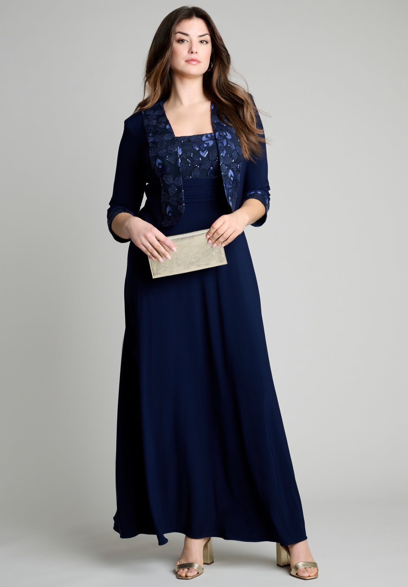 Plus Size Women's Plus-Size 2 Piece 3/4 Sleeve Embellished Jacket and Gown by Roaman's in Navy (Size 18 W)