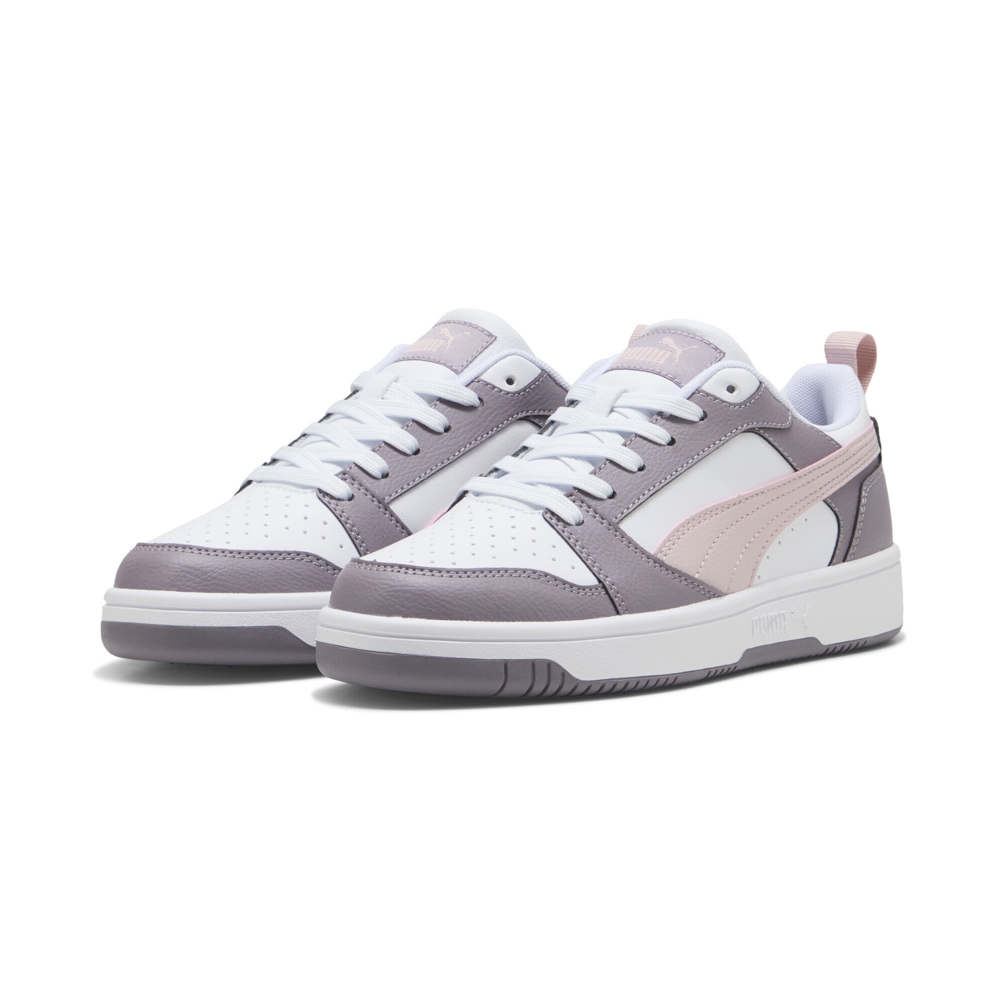 Sneaker PUMA "Rebound V6 Low Sneakers Erwachsene", Damen, Gr. 37, lila (weiß mauve mist plum jam pink lila), Obermaterial: Textil, Synthetik, Leder; Futter: Textil; Innensohle: Textil; Laufsohle: Gummi, Schuhe Sneaker
