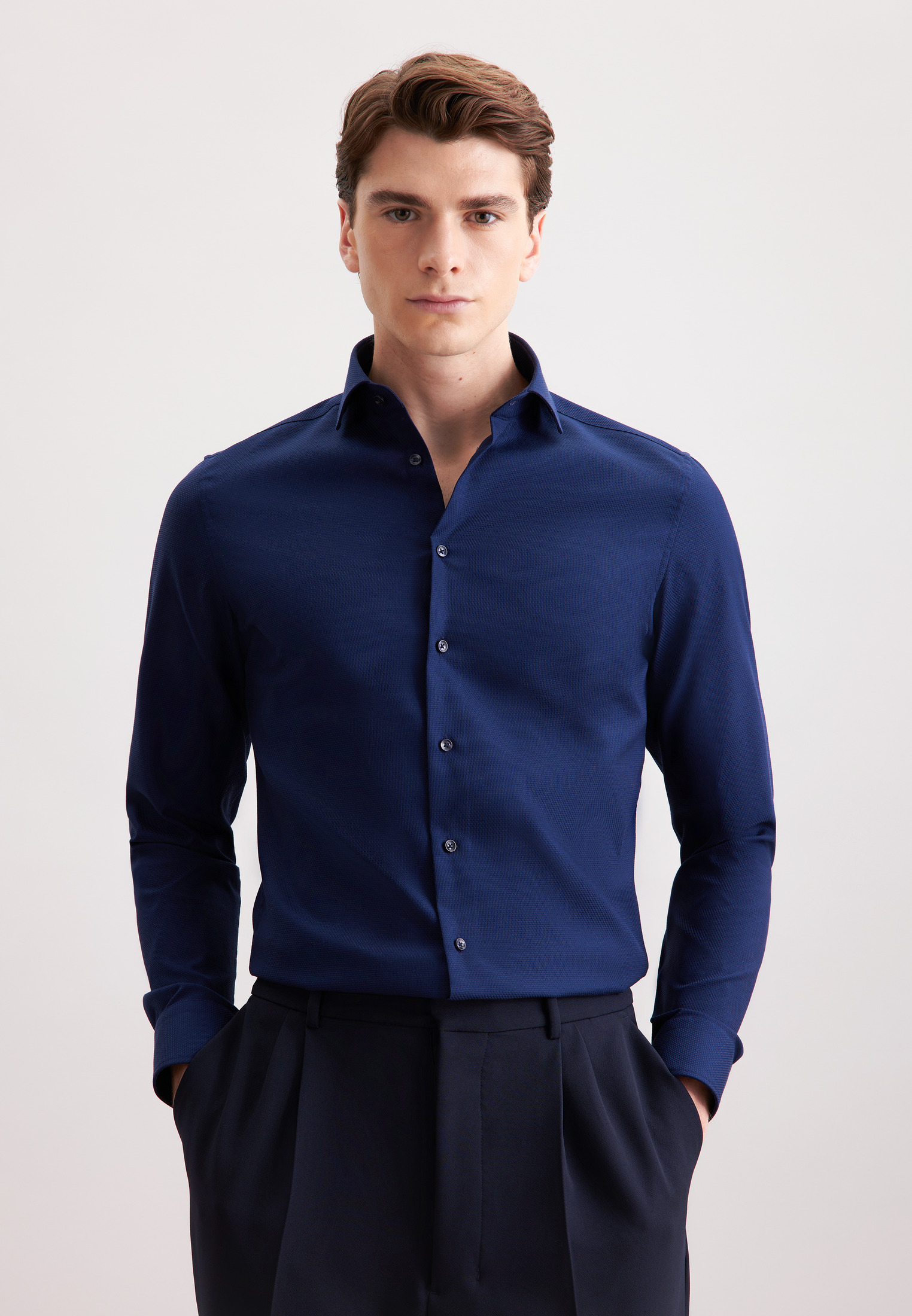 Businesshemd SEIDENSTICKER "Schwarze Rose", Herren, Gr. M (39), normale Ärmellängen, blau (dunkelblau), 100% Baumwolle, Strukturmuster, gemustert, slim fit, 2-Knopf-Manschette, Hemden, Slim 1/1 Kentkragen Struktur Image
