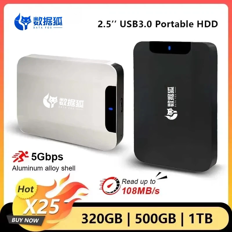 Disque dur externe DATA FOX 2,5 pouces HDD 1 To 2 To Stockage de masse USB 3.0 Métal mat bicolore noir argent pour PC Mac TV