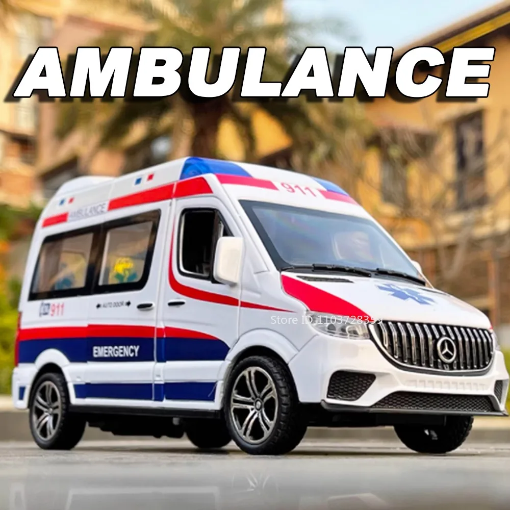 Maßstab 1:24 Krankenwagen Polizeiauto Modell Miniatur Spielzeug Legierung Druckguss Sound Licht Türen geöffnet zurückziehen Gummireifen für Kinder Geschenke Image