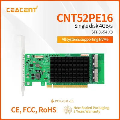 CEACENT CNT52PE16 PCIe5.0 Retimer NVMe Adapter, Two x8 MCIO Connector, PCIe 5.0 x16 Enabled NVMe Gen5.0 SSD or PCIe 5.0 Device