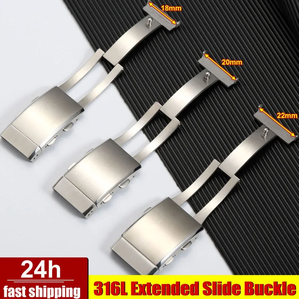 Uhrenschließe aus massivem 316L-Edelstahl, ausziehbarer Verschluss, verstellbare Faltschließe, Premium-Metall-Schiebeschnalle, 18 mm, 20 mm, 22 mm Image