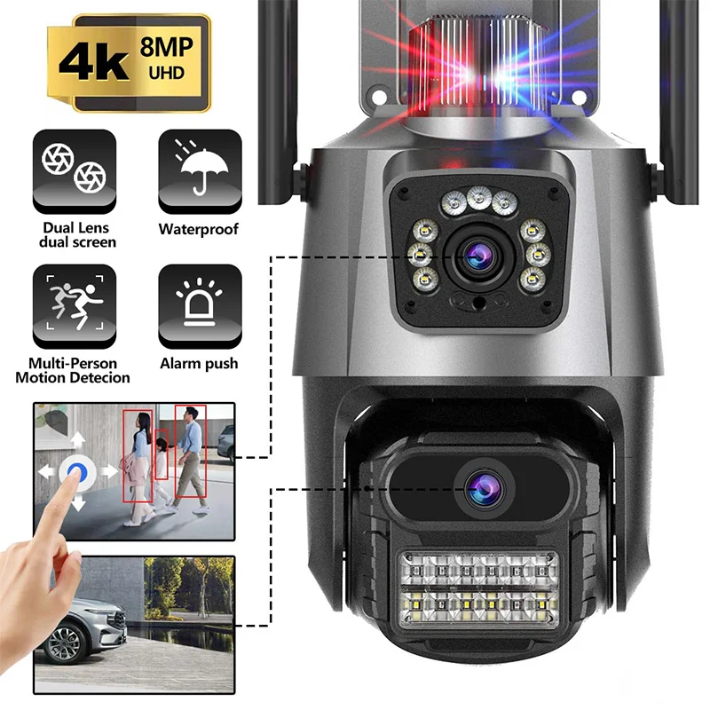 4K 8MP Wifi Kamera Dual Objektiv Sicherheit Wasserdichte CCTV Video Überwachung Polizei Licht Alarm IP Cam Image
