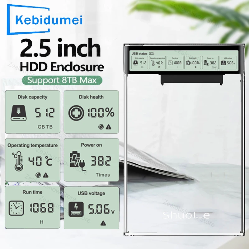 Smart Display 2,5'' HDD SSD-Gehäuse USB3.2 Gen2 Klare externe Festplattengehäuse mit 5 Gbit/s Festplatte Tragbarer Aufbewahrungskoffer für Laptop Image