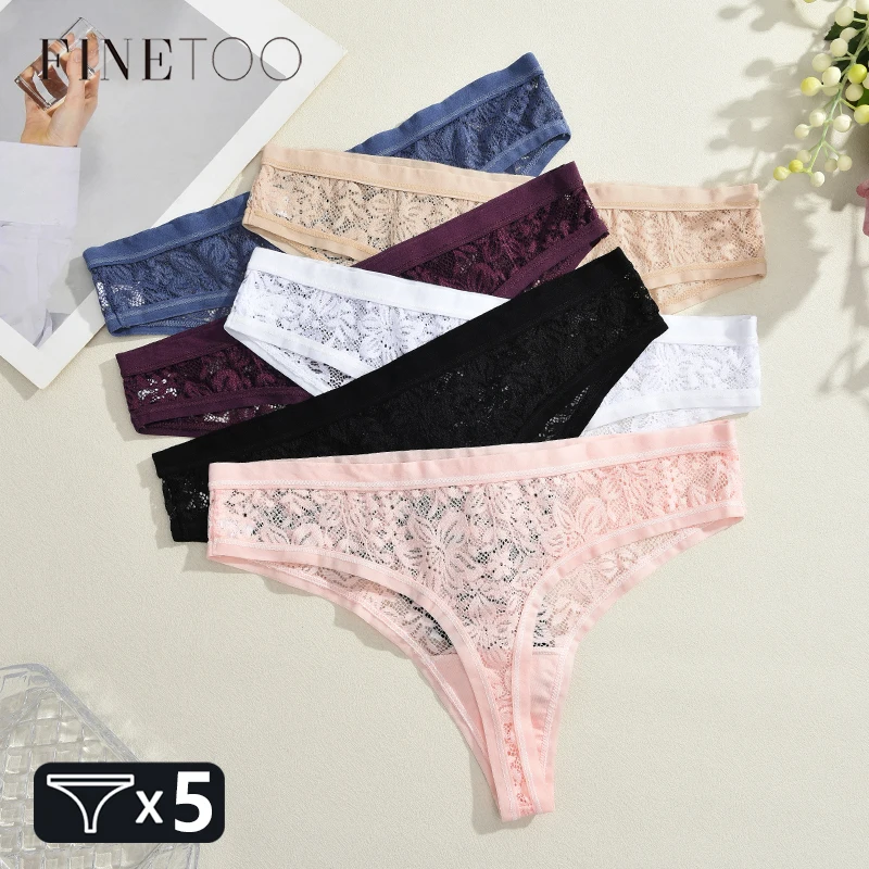 FINETOO 5Pcs Spitze Aushöhlen Thongs Unterwäsche Frauen Blumen Druck Höschen Sexy Low-Taille G-String Mädchen Weiche Perspektive dessous Image