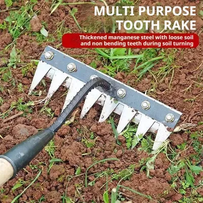 5/6/7/8Teeth Agricultural Rake Soil Loosening Weeding Tool Multifunction Metal Weeding Rake Garden Weeding Rake Gardening Tools