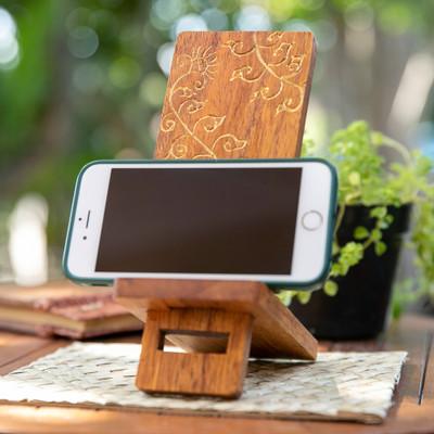'Hand-Carved and Painted Wood Phone Stand with Floral Motif'